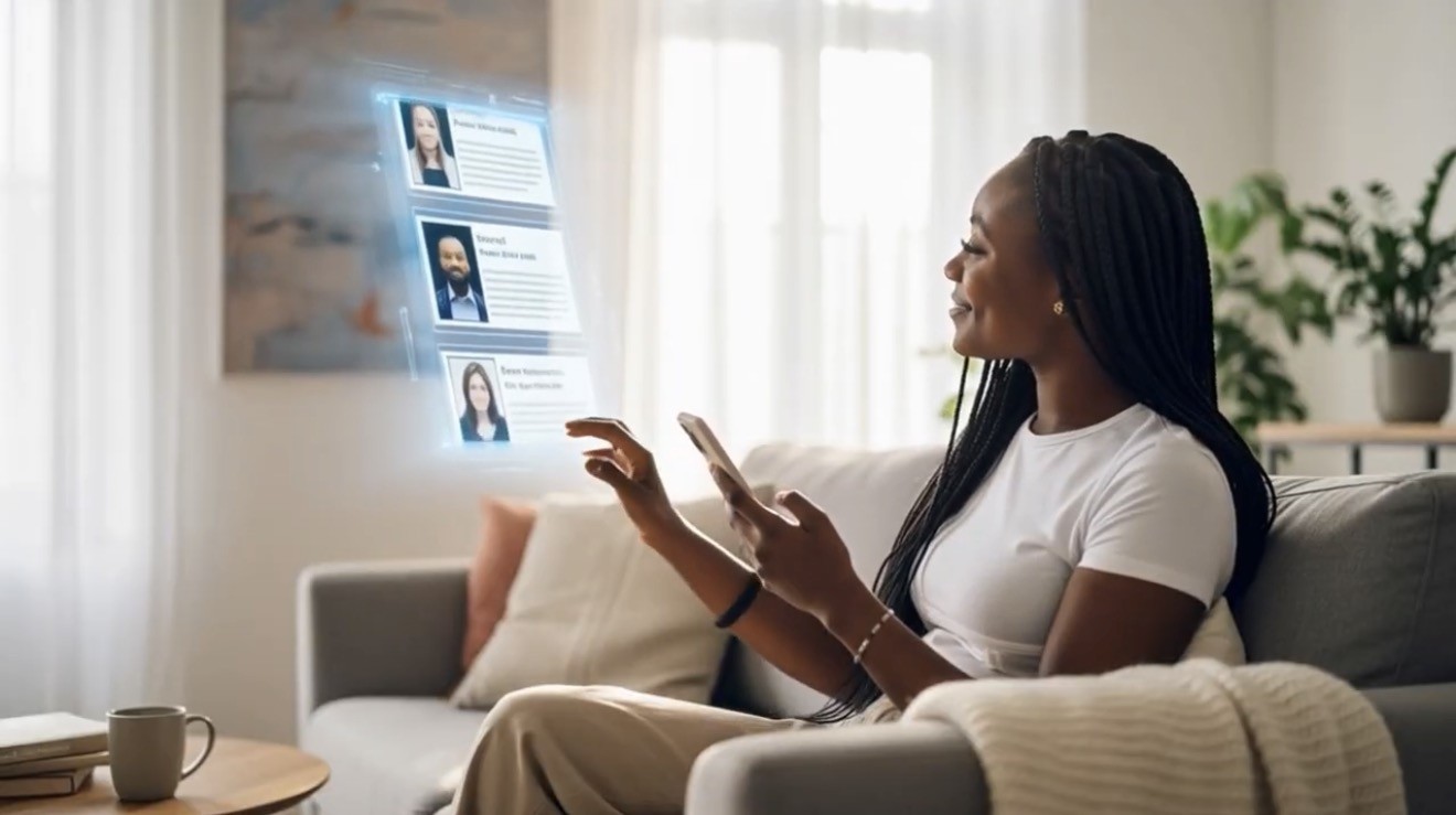 Woman interacting with a futuristic holographic interface in a living room