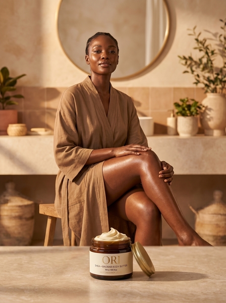 AI-generated model campaign image with body butter jar